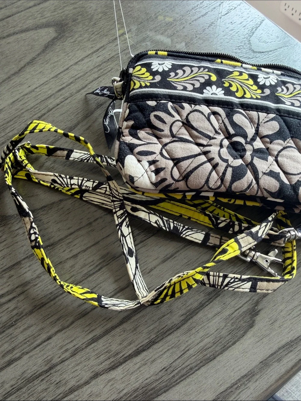 Vera Bradley Black Yellow Floral Quilted Wristlet Phone Wallet w-Crossbody strap
